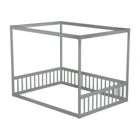Full Size Canopy Frame Rubber Wood Floor Bed with Fence and Guardrails