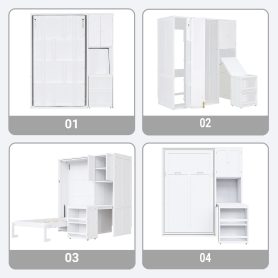 Twin Size Rotating Wall Murphy Beds with Bookshelf, Top Cabinet, Extendable Desk & Side Storage