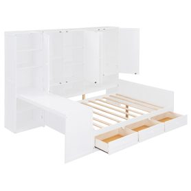 Full Size Wooden Daybed With Three Drawers, and All-in-One Cabinet, Desk and Shelves