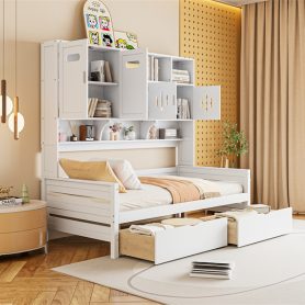 Twin Size Wooden Daybed With 2 Drawers, and All-in-One Cabinet and Shelf 48 Twin Size Wooden Daybed With 2 Drawers, and All-in-One Cabinet and Shelf