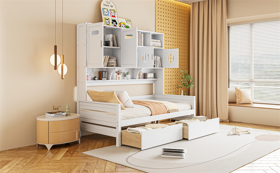 Twin Size Wooden Daybed With 2 Drawers, and All-in-One Cabinet and Shelf 24 Twin Size Wooden Daybed With 2 Drawers, and All-in-One Cabinet and Shelf