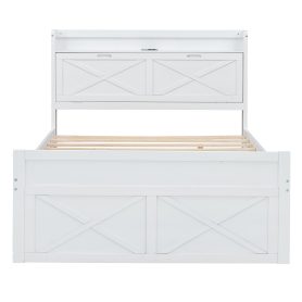 Full Size Wooden Bed With Storage Headboard With Outlets,  Twin Size Trundle With Three Storage Drawers