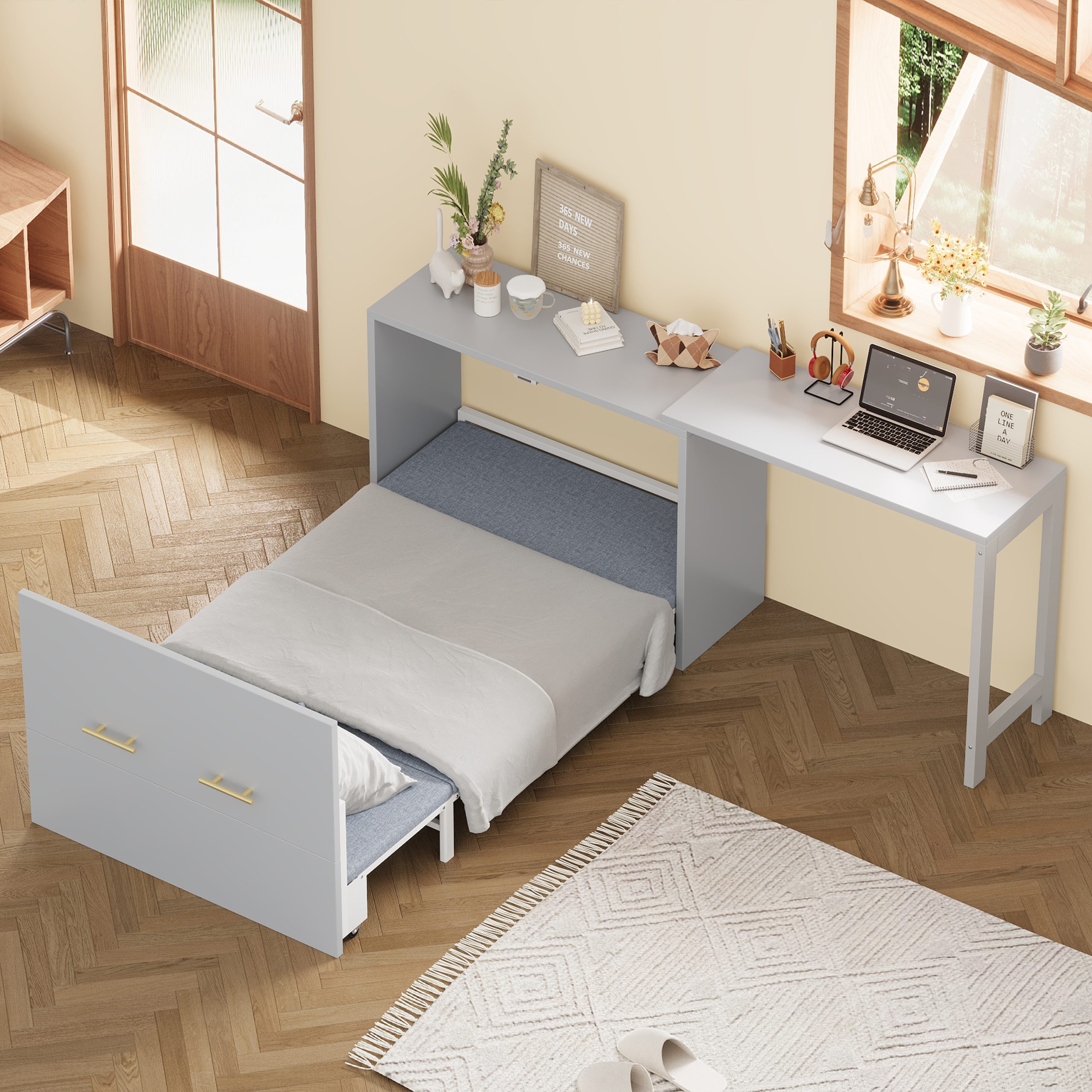 Twin Size Murphy Cabinet Bed With Adjustable Position Desk