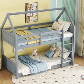 Twin Over Twin House Floor Bunk Bed with Headboards, Footboards and Guardrails, Ladder