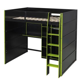 Full Size Wood Loft Bed with Desk, Open Wardrobe, Storage Compartments and RGB Lights