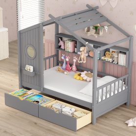 Wooden Twin Size House Bed With 2 Drawers and Storage Shelf