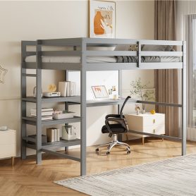 Twin Size Wooden Loft Bed with Shelves, Desk and Writing Board
