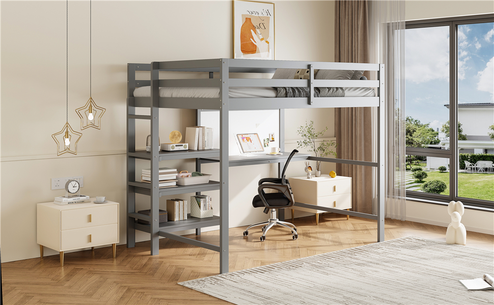 Twin Size Wooden Loft Bed with Shelves, Desk and Writing Board