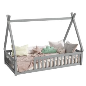 Twin Tent-shaped Teepee Bed with Guardrails, Slats