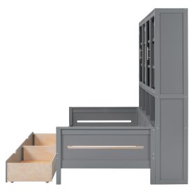 Twin Size Wooden Daybed With Glass-door Storage Cabinets, Built-in LED Lighting And Shelves