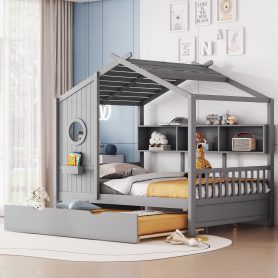 Wooden Full Size House Bed With Trundle and Storage Shlef