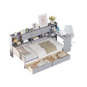 Wooden L-Shape Twin Daybed Frame with Study Desk and Built-in Bookshelf