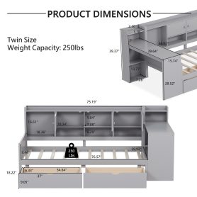 Wooden L-Shape Twin Daybed Frame with Study Desk and Built-in Bookshelf