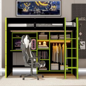 Full Size Wood Loft Bed with Desk, Open Wardrobe, Storage Compartments and RGB Lights