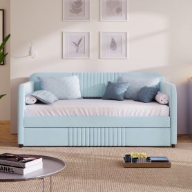Upholstered Twin Size Daybed  With Trundle Bed and Wood Slat