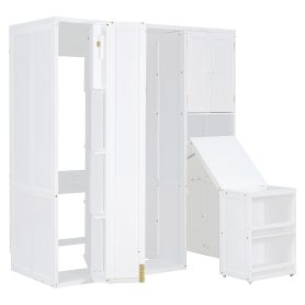 Twin Size Rotating Wall Murphy Beds with Bookshelf, Top Cabinet, Extendable Desk & Side Storage