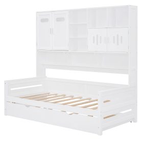 Twin Size Wooden Daybed With Twin Size Trundle, and All-in-One Cabinet and Shelf