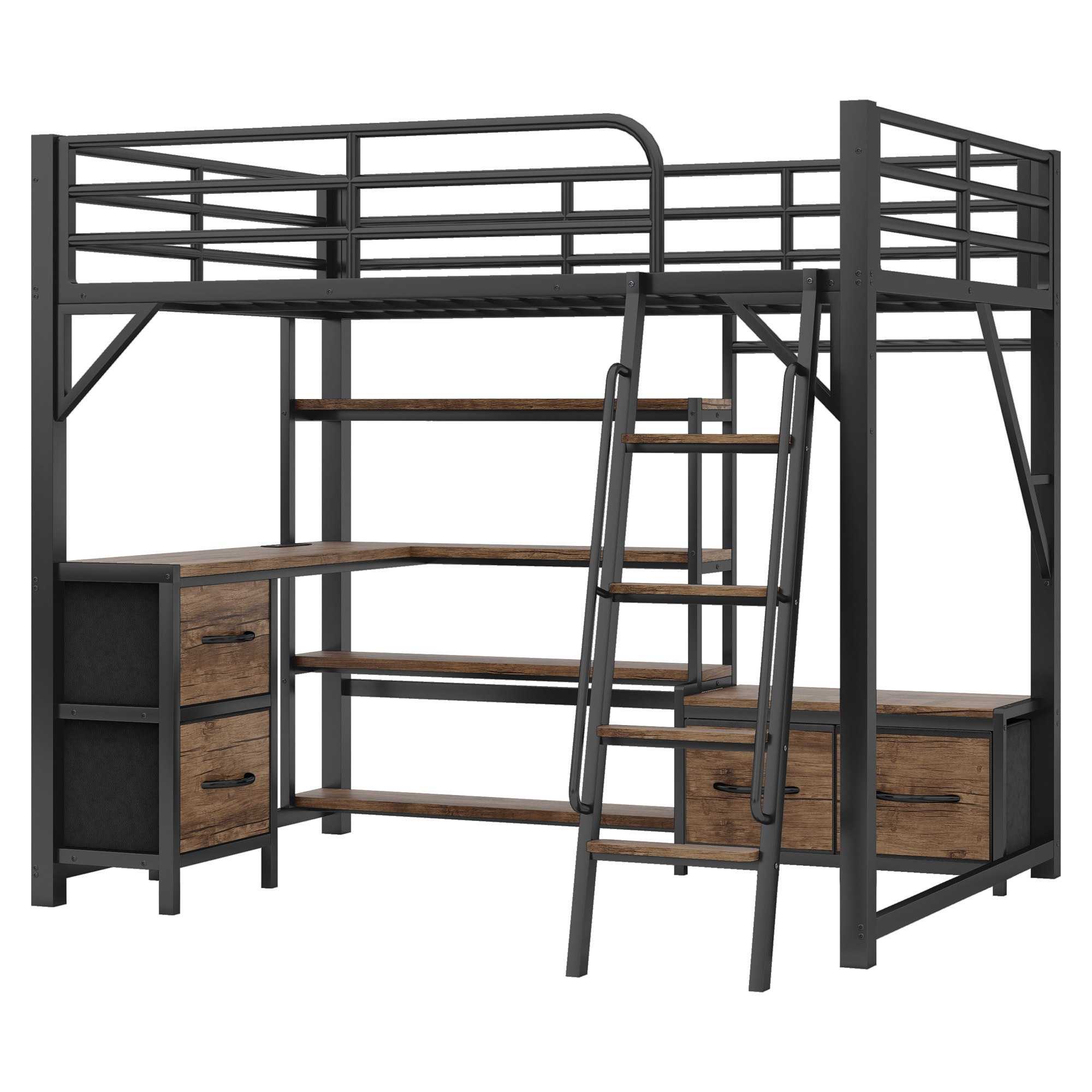 Full Size Loft Bed with Desk and Light, Metal Loft Bed with Storage Shelves - Image 7