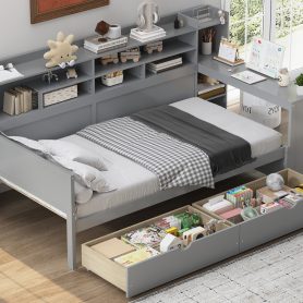 Wooden Twin Size Daybed With Storage Shelves, Two Storage Drawers  and  Study Desk
