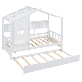 Wooden Twin Size House Bed With Trundle and Storage Shlef