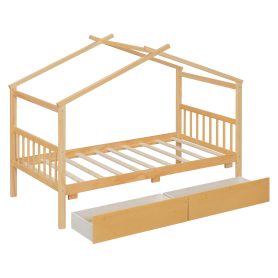 Twin Size Wooden House Bed with Drawers