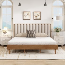 King Size Wood Bed with Piano Key Style Upholstered Headboard