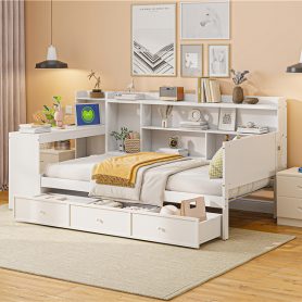 Twin Size Wooden Daybed With 3 Drawers, USB Ports And Desk