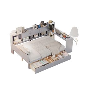 Wooden L-Shape Full Daybed Frame with Study Desk and Built-in Bookshelf