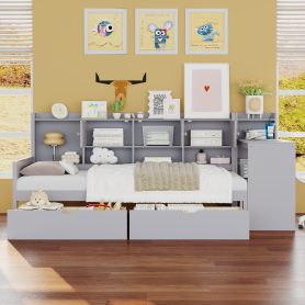 Wooden L-Shape Twin Daybed Frame with Study Desk and Built-in Bookshelf