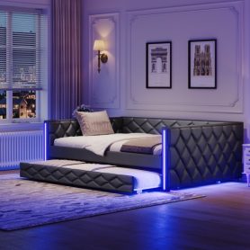 Full XL Size Upholstered Daybed with Trundle and LED