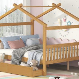 Full Size Wooden House Bed With Drawers