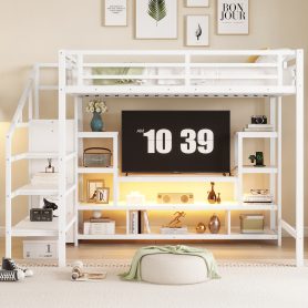 Full Size Metal Loft Bed With Tv Cabinet, Staircase And Wardrobe