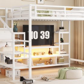 Full Size Metal Loft Bed With Tv Cabinet, Staircase And Wardrobe