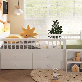 Wooden Twin Loft Bed With House Shape Headboard