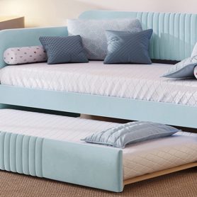 Upholstered Twin Size Daybed  With Trundle Bed and Wood Slat