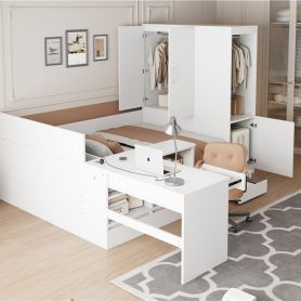 Full Size Wooden Platform Bed With 6 Drawers, Shelves, Desk And Wardrobe