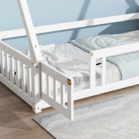 Twin Tent-shaped Floor Bed, Teepee Bed with Guardrails, Slats and Door