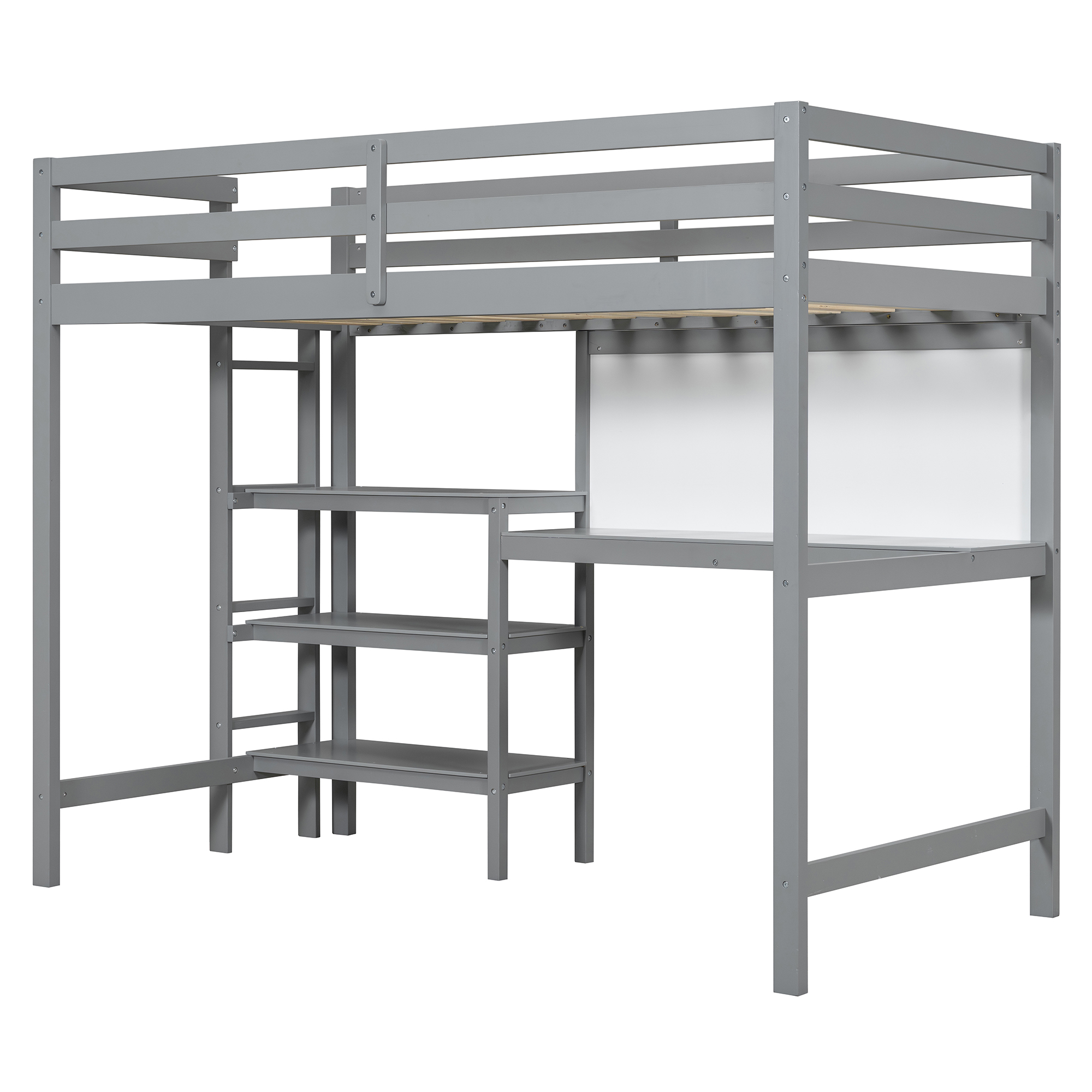 Twin Size Wooden Loft Bed with Shelves, Desk and Writing Board