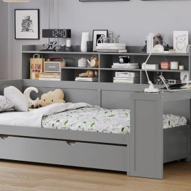 Wooden Twin Size Daybed With Storage Shelves, Twin Size Trundle Bed and  Study Desk
