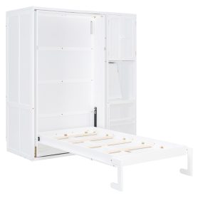 Twin Size Rotating Wall Murphy Beds with Bookshelf, Top Cabinet, Extendable Desk & Side Storage