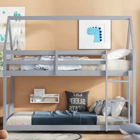 Rubber Wood Twin Over Twin House Floor Bunk Bed With Headboards, Footboards, Guardrails And Ladder 25 Rubber Wood Twin Over Twin House Floor Bunk Bed With Headboards, Footboards, Guardrails And Ladder