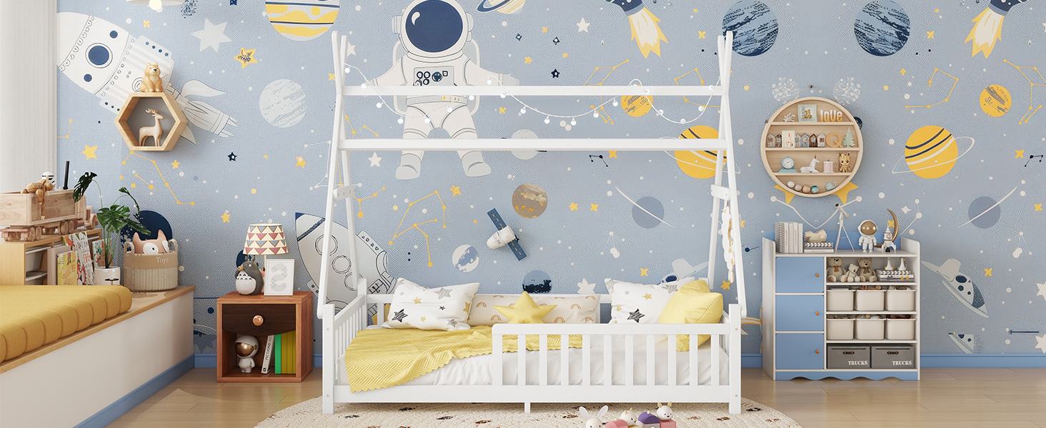 Low Floor Twin House Bed With Light, Fence And Roof 22 Low Floor Twin House Bed With Light, Fence And Roof