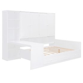 Full Size Wooden Daybed With Three Drawers, and All-in-One Cabinet, Desk and Shelves