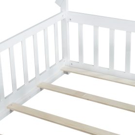 Full Size Rubber Wood Tent-shaped Floor Bed with Guardrails, Slats And Door