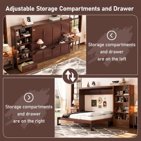 Queen Size Murphy Bed with Height Adjustable Storage Compartments and Shelf