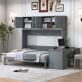 Queen Size Wall Murphy Bed With Desk And Storage Shelves And Big Cabinets