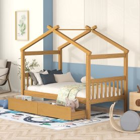Twin Size Wooden House Bed with Drawers