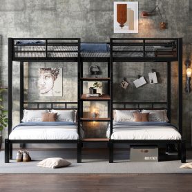 Metal Queen Over Twin Over Twin Bunk Bed With Storage Shelves And Storage Stairs