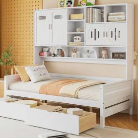 Twin Size Wooden Daybed With 2 Drawers, and All-in-One Cabinet and Shelf 49 Twin Size Wooden Daybed With 2 Drawers, and All-in-One Cabinet and Shelf