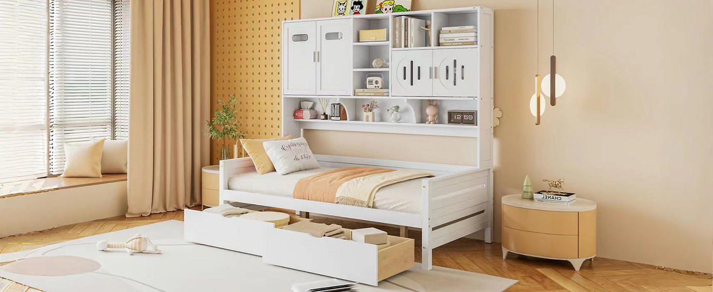 Twin Size Wooden Daybed With 2 Drawers, and All-in-One Cabinet and Shelf 25 Twin Size Wooden Daybed With 2 Drawers, and All-in-One Cabinet and Shelf